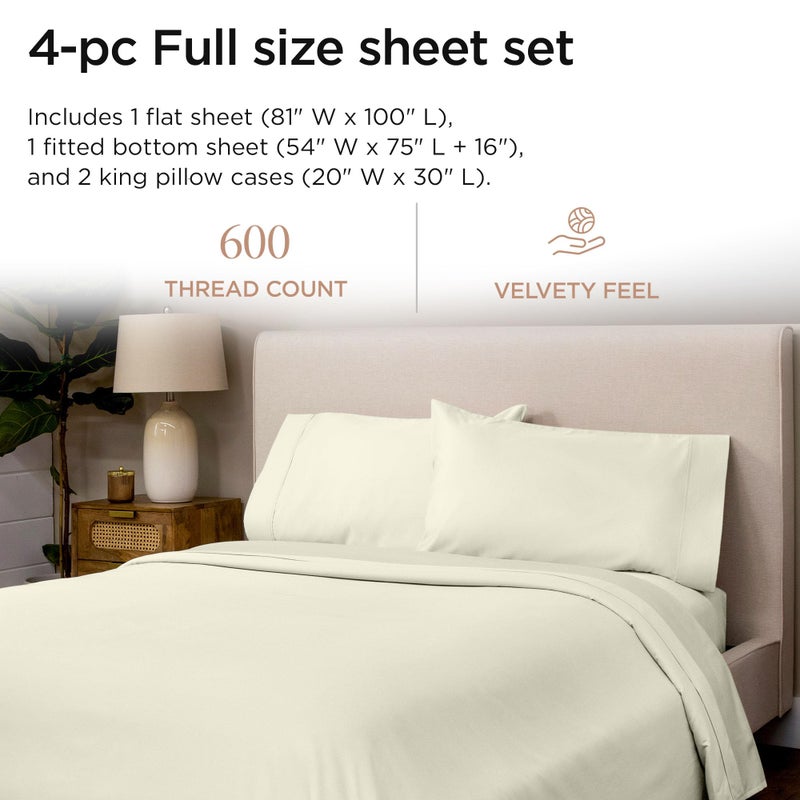 Threadmill 100% Cotton Sheets for Full Size Bed - 600 Thread Count Full Bed Sheets Set with 16â€ Deep Pocket - Sateen Weave 4-Piece Bedding Set with Cooling Effect, Ivory - Image 2